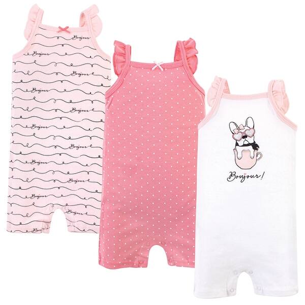 slide 1 of 1, Hudson Baby Infant Girl Cotton Rompers 3pk, Bonjour 0 - 3 Months - Pink