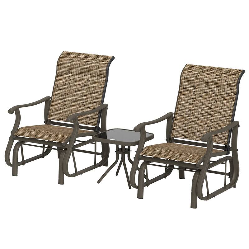 Three Piece Outdoor Gliding Patio Set with Two Chairs and Square Tea Table Powder Coated Steel and Mesh Fabric - Brown