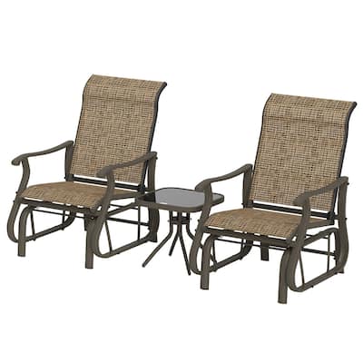 Three Piece Outdoor Gliding Patio Set with Two Chairs and Square Tea Table Powder Coated Steel and Mesh Fabric