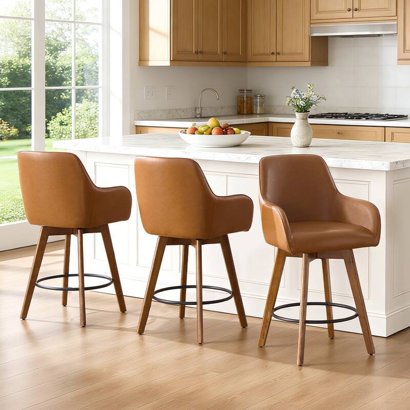25 Inch Upholstered Swivel Counter Height Bar Stool with Armrests, Solid Wood Legs - 23.6"W x 22.4"D x 40.2"H