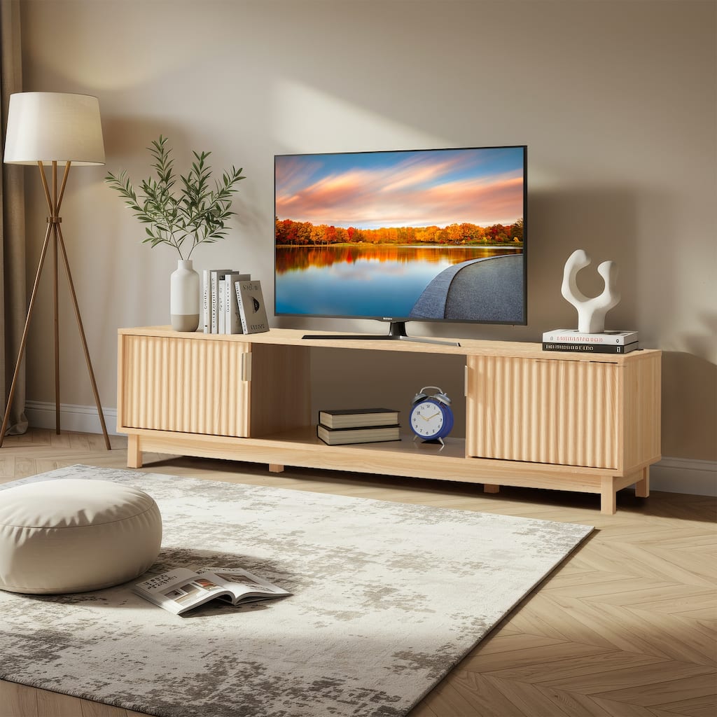 EROMMY 58/70 inch Mid Century Modern TV Stand with Fluted Doors, Entertainment Center with Power Outlet & Cable Management