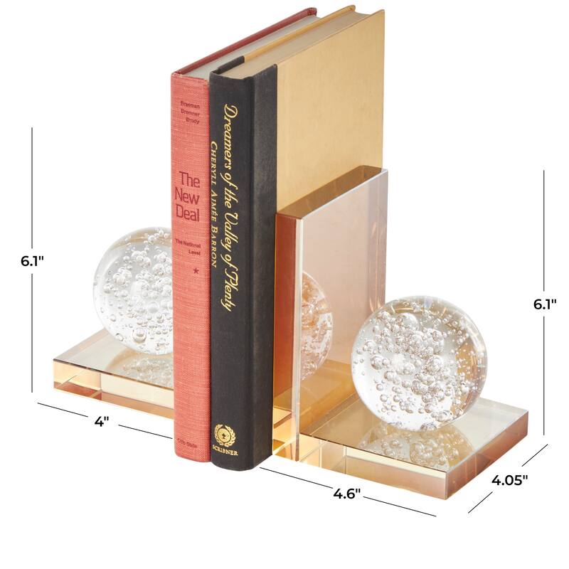 Glass Geometric Bookends with Clear Orbs and Bubble Texturing - Set of 2 Gold - Roche River Decor - 5"W x 4"L x 6"H