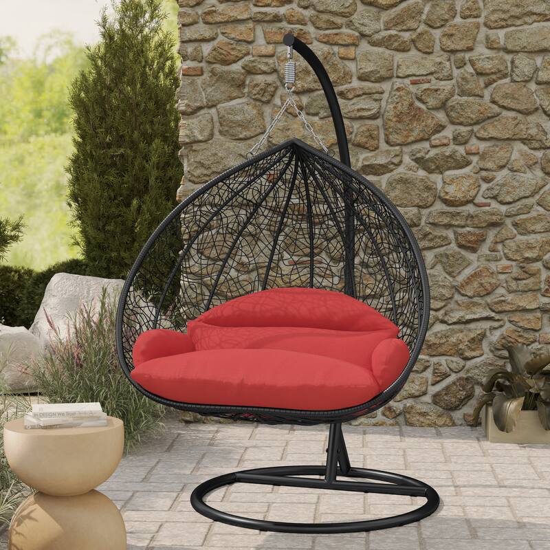 2-Person Outdoor Hanging Egg Chair with Teardrop Frame, Weather-Resistant Cotton Cushioned Seat for Patio and Indoor Use