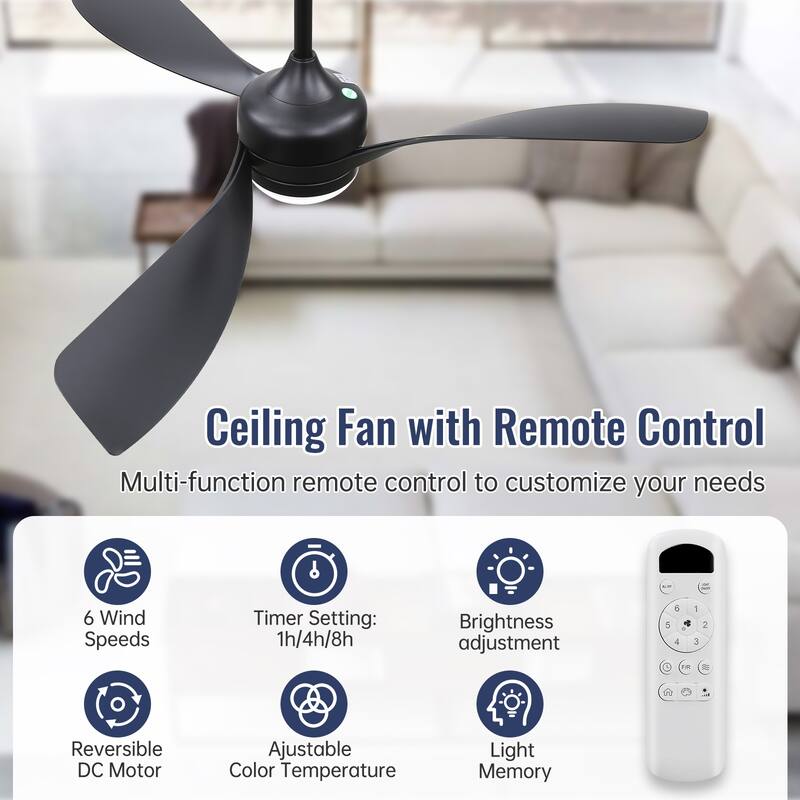 52" Smart Ceiling Fan with Light and Remote Control, 5 ABS Blades, LED Dimmable Optional