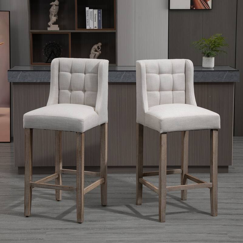 Set of 2 Beige Linen Bar Stools with Tufted Wingback and Footrest Rubberwood Legs - 18.5"W x 19.75"D x 43.75"H
