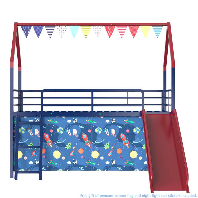 Metal Junior House Twin Loft Bed with Slide and Curtain Set and Pennant Banner Flag and Star Stickers