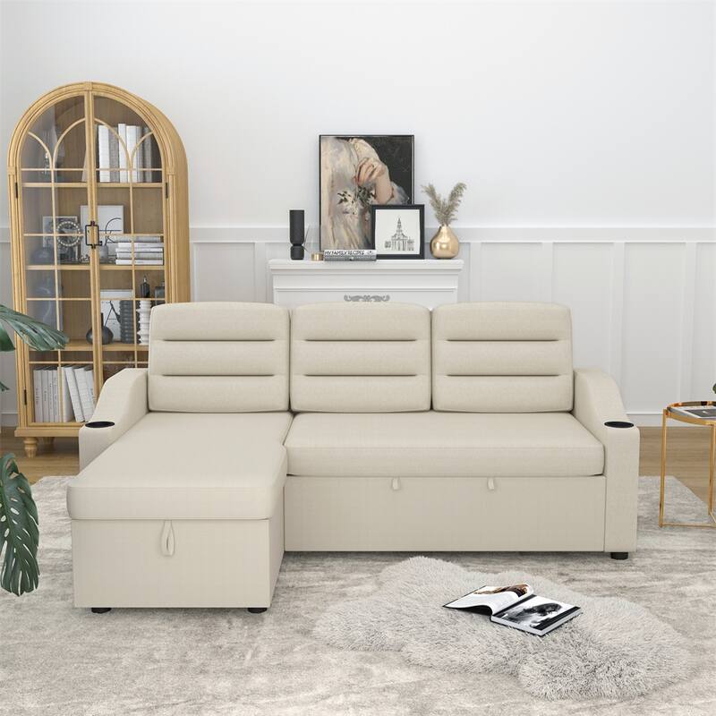 83.5" Convertible Sleeper Combo Sofa w/ Storage Recliner & Cup Holder