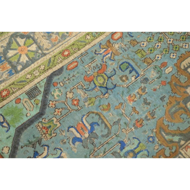 Hand Knotted Oriental 100% Wool Carpet Traditional Floral Navy Blue & Blues Tabriz Area Rug - 9' 5'' X 6' 5''