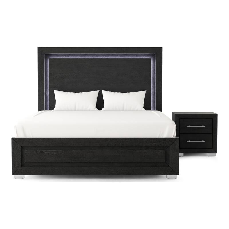 Furniture of America Alaric Modern 2-Piece Black Wood Panel Bedroom Set with LED Headboard
