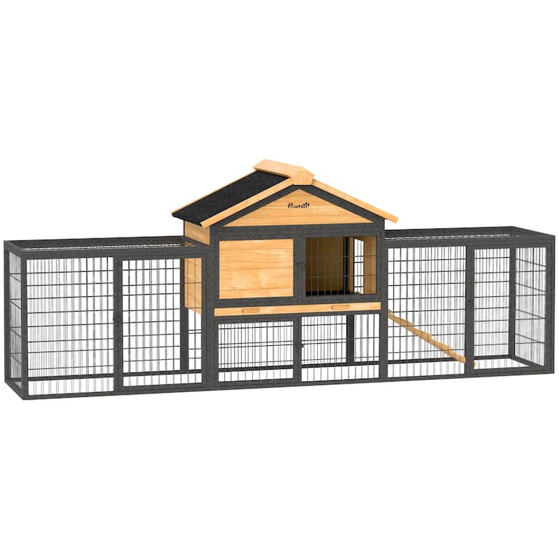 PawHut Rabbit Hutch Outdoor, 85" Large Wooden Bunny Cage with Steel Run, Removable No Leakage Tray - N/A - Yellow