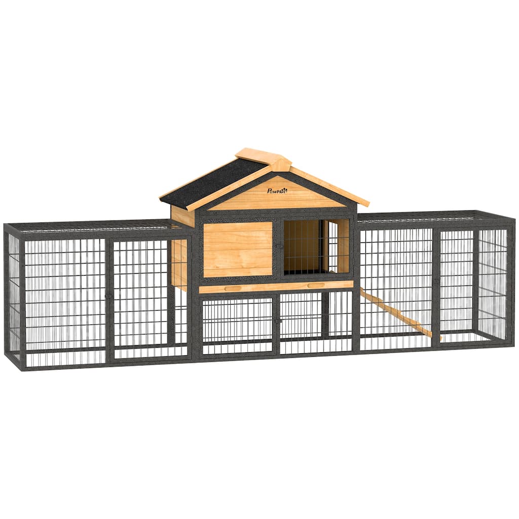 PawHut Rabbit Hutch Outdoor, 85" Large Wooden Bunny Cage with Steel Run, Removable No Leakage Tray - N/A