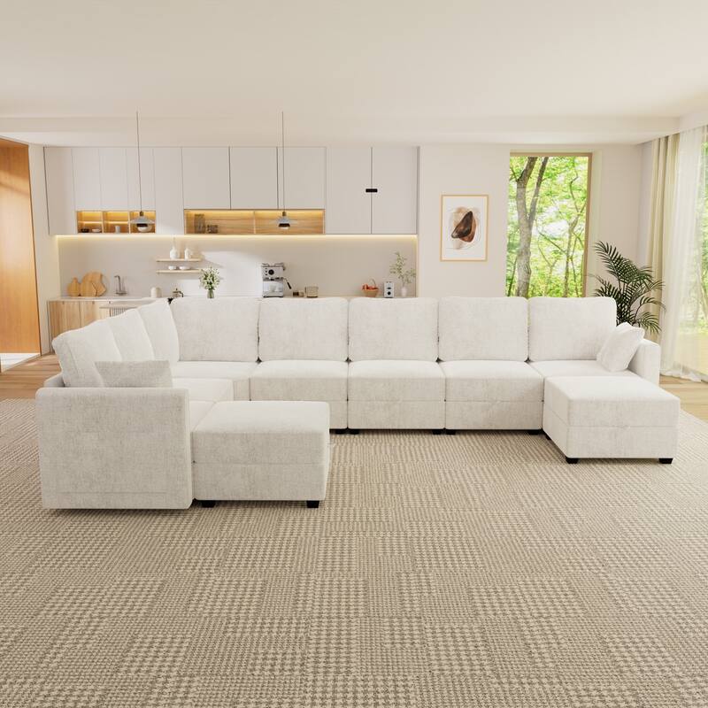 Modular 7-Seater Sectional Sofa with 2 Storage Ottomans - Beige