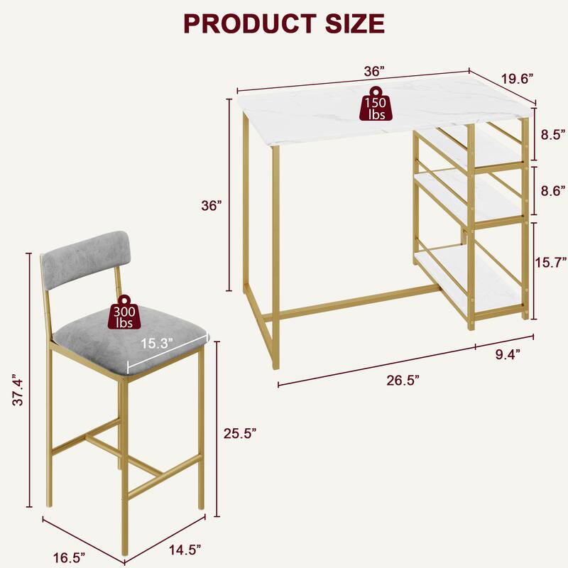 3 Piece Counter Height Bar Kitchen Table Set with 3 Storage Shelves for Apartment