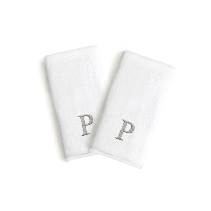 Authentic Hotel and Spa 2-piece White Turkish Cotton Hand Towels with Grey Block Monogrammed Initial - White/P
