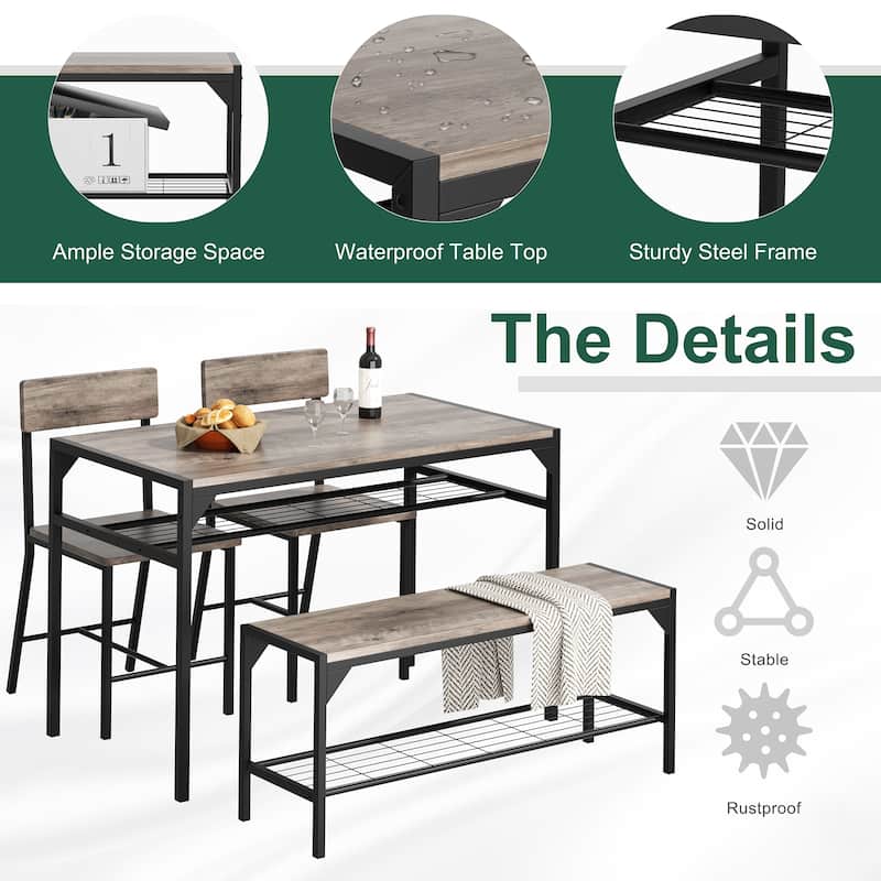 4-Piece Dining Set with Bench & Chairs - Space-Saving Table Set for Kitchen, Breakfast Nook