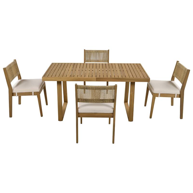 Wood Outdoor Dining Table Set for 4 with Thick Cushions and 4 Chair 5 Piece Outdoor Acacia Wood Dining Table and Chair Set