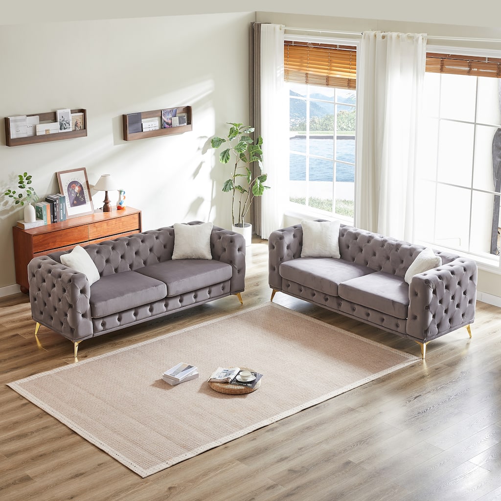 GDFStudio - 6-Seat Pine Wood Frame Velvet Soft Sofa with Metal Legs & Tufted Details for Living Room & Office