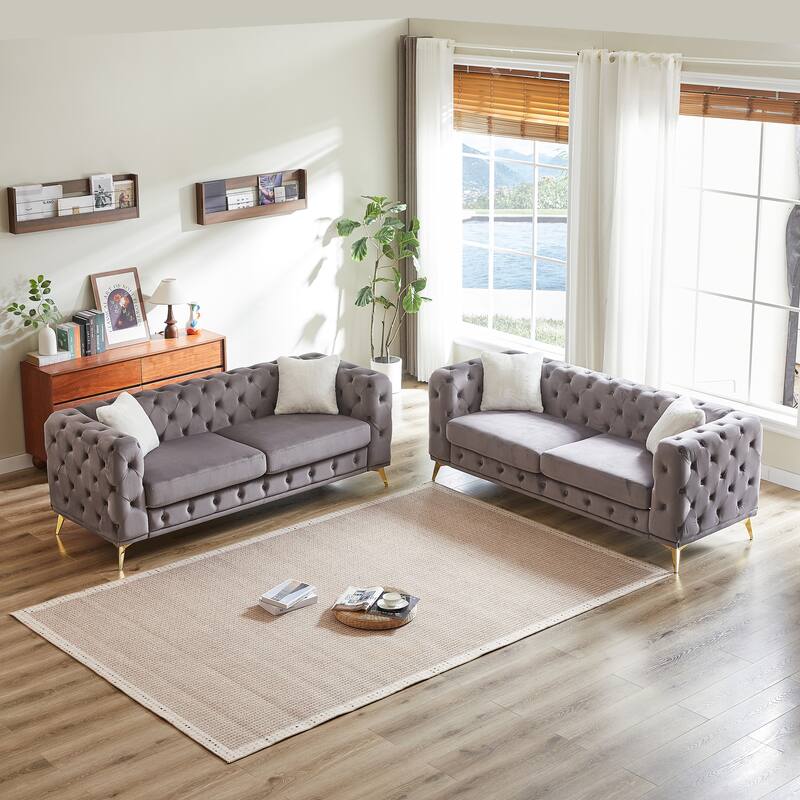 Velvet Chesterfield Sofa Set w/ Deep Seat & Tufted Design, 3+3 Seater