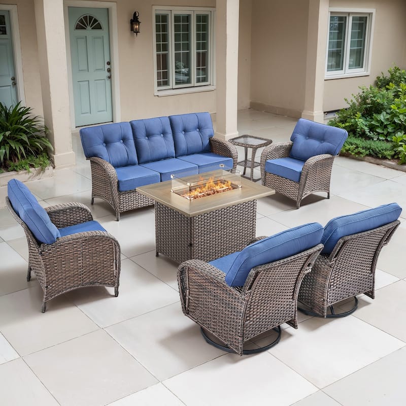 TWrap Wicker Patio Fire Pit Conversation Set with 3-Seat Sofa & Swivel Gliders & Armchairs