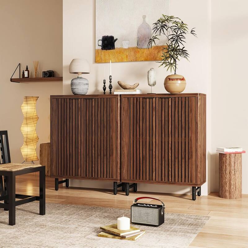 6-Tier Bathroom Floor Cabinet 2 Shutter Doors Adjustable Shelves Wooden Storage Sideboard for Kitchen/Living Room