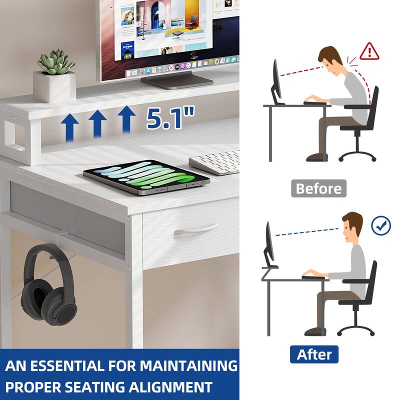 Moasis 31"/39" Small Computer Desk with Fabric Drawers and Monitor Stand for Home Office