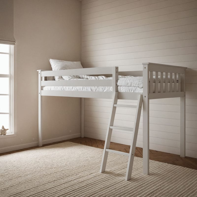 Now Furniture Solid Wood Twin Low Loft Bed with Angled Ladder