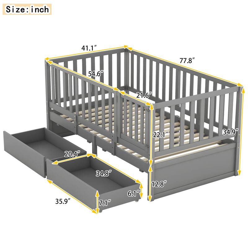 Modern Wood Daybed with Fence Guardrails and 2 Drawers