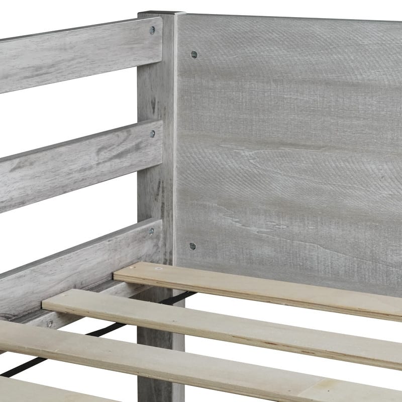 Twin over Twin Floor Bunk Bed with Safety Guardrails and Built-in ladder