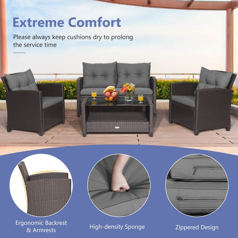 Costway 4 PCS Patio Rattan Furniture Set Glass Table Shelf Sofa - See Details