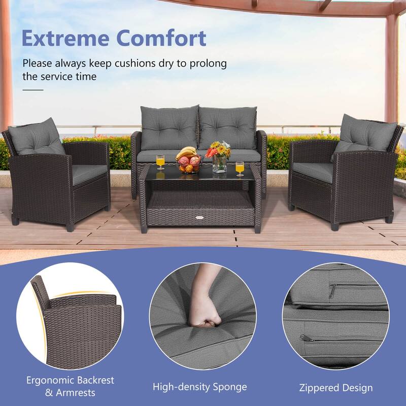 Costway 8 PCS Patio Rattan Furniture Set Glass Table Shelf Sofa - See Details