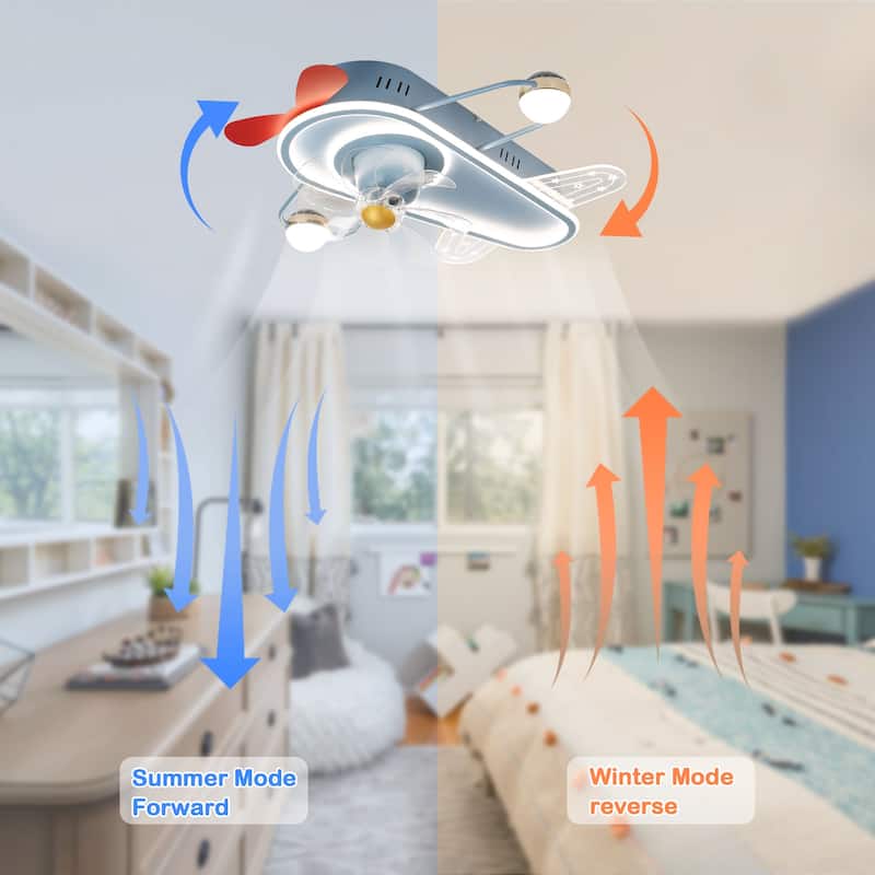 26In Cartoon Aircraft Flush Mount Ceiling Fan, 6-Speed Dimmable Light with Remote and APP Control for Kids Room