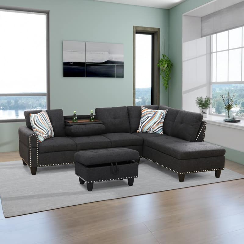 3 Piece Modular Sectional Sofa with Storage Ottoman and Flip Top Table