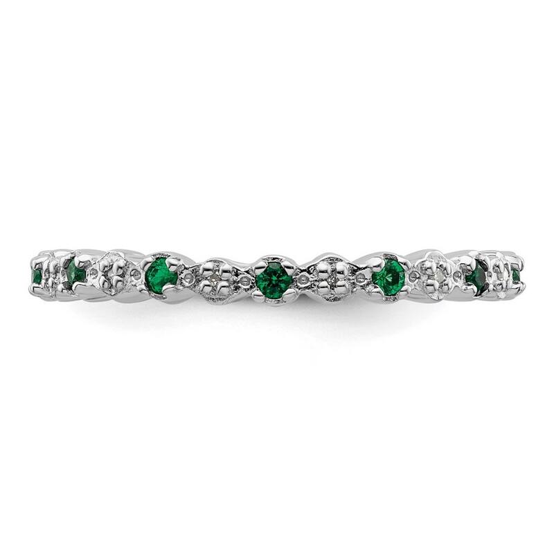 Curata 925 Sterling Silver Polished Prong set Stackable Expressions Cr. Emerald and Diamond Ring