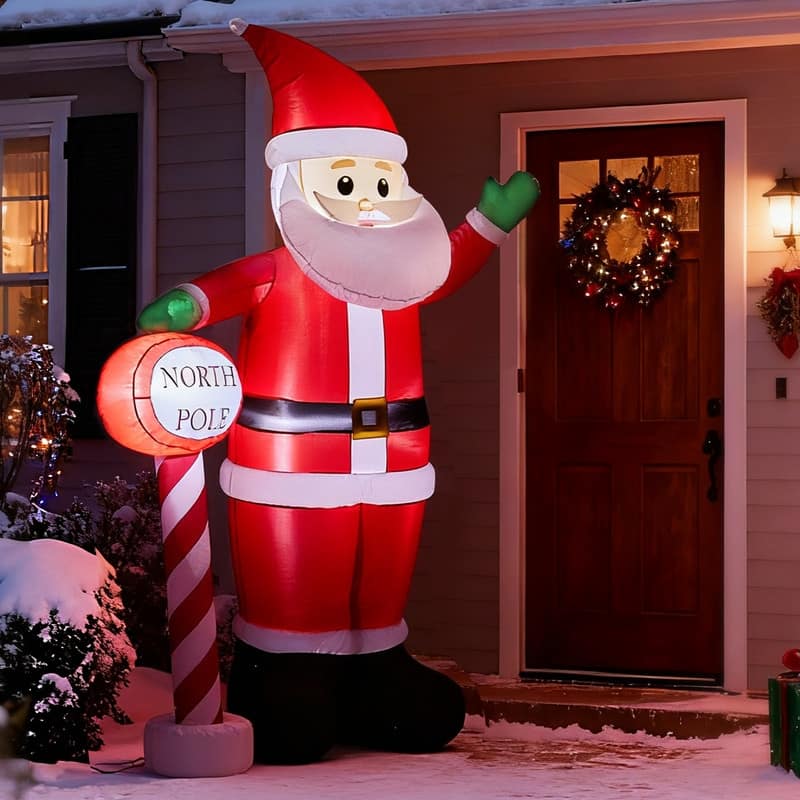 8.2FT Lighted Christmas Decoration Inflatable Santa with North Pole Road Sign