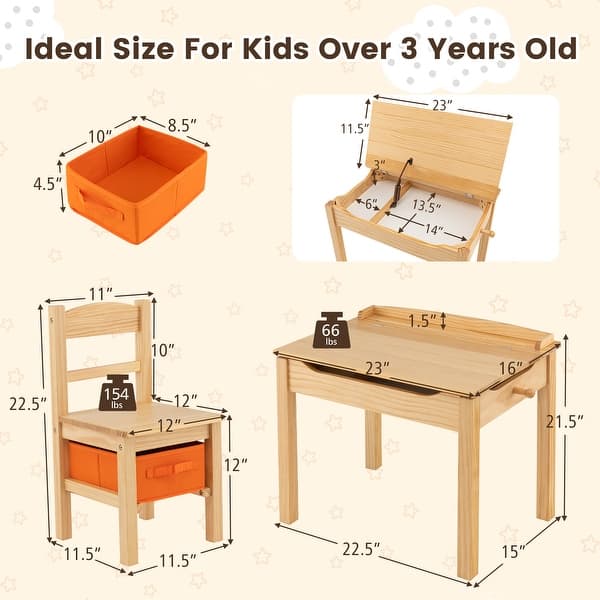 dimension image slide 1 of 3, Gymax Kids Table and Chair Set Wood Activity Study Desk w/ Storage