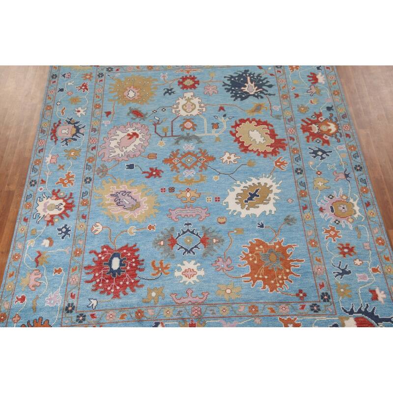 Blue Floral Oushak Area Rug Handmade Oriental Wool Carpet - 8'10"x 11'9"