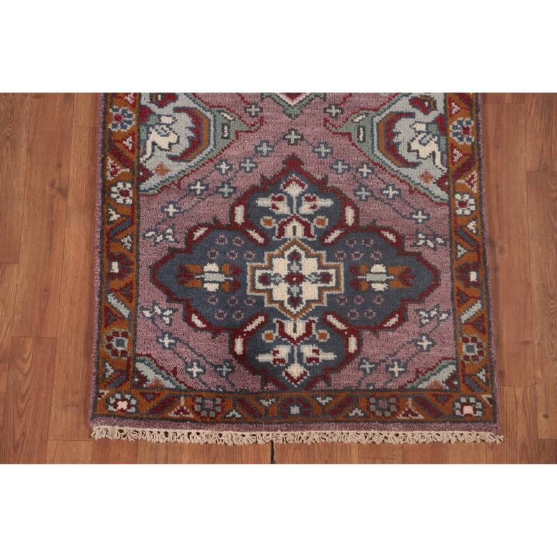 Geometric Purple Kazak Oriental Runner Rug Handmade Wool Carpet - 2'6"x 9'8"