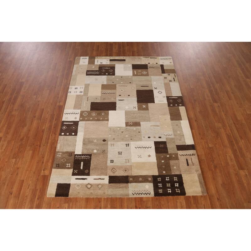 Tribal Geometric Gabbeh Indian Area Rug Brown Handmade Wool Carpet - 5'3" x 7'7"