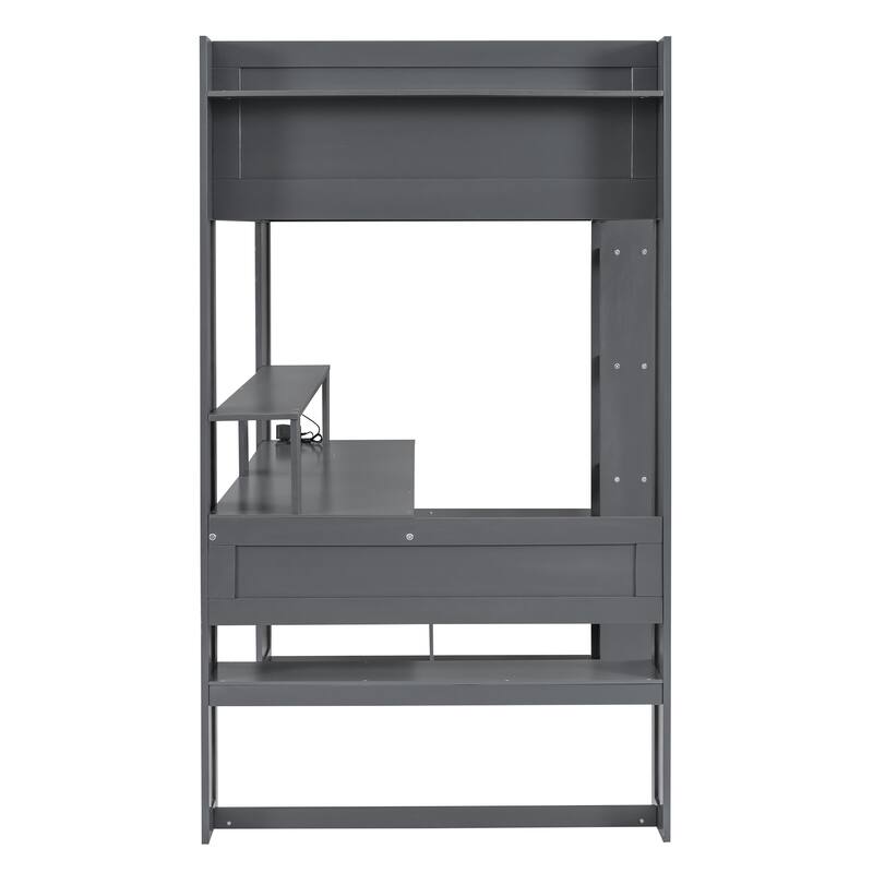 Twin Size Solid MDF Gaming Loft Bed with Desk & Shelves