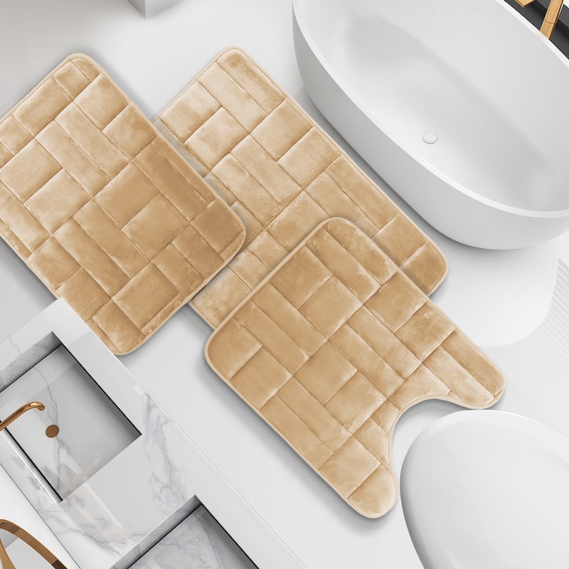 Clara Clark Ultra Soft Non Slip and Absorbent Bath Rug - Tiled Velvet Memory Foam Bath Mat - Small-Large-Contour (3PK) - Beige Cream