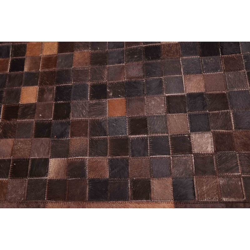 ECARPETGALLERY Handmade Cowhide Patchwork Dark Brown Leather Rug - 5'1 x 8'0