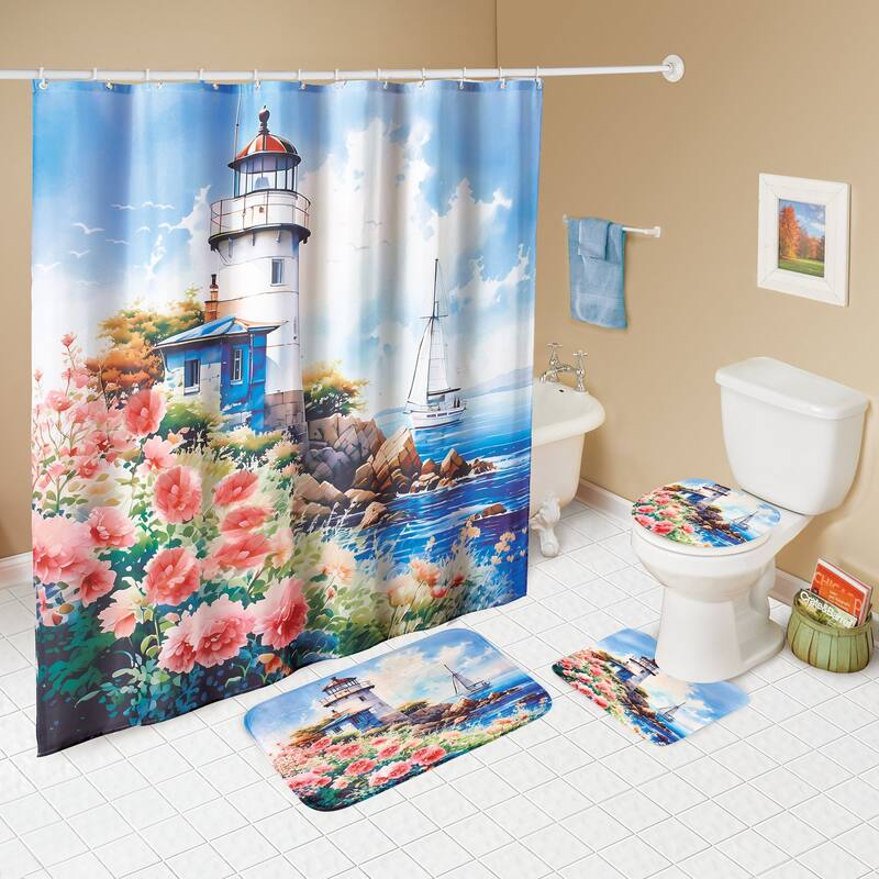 12-Piece Coastline Lighthouse Scene Bathroom Set - Blue - 71.65 x 0.01 x 71.35