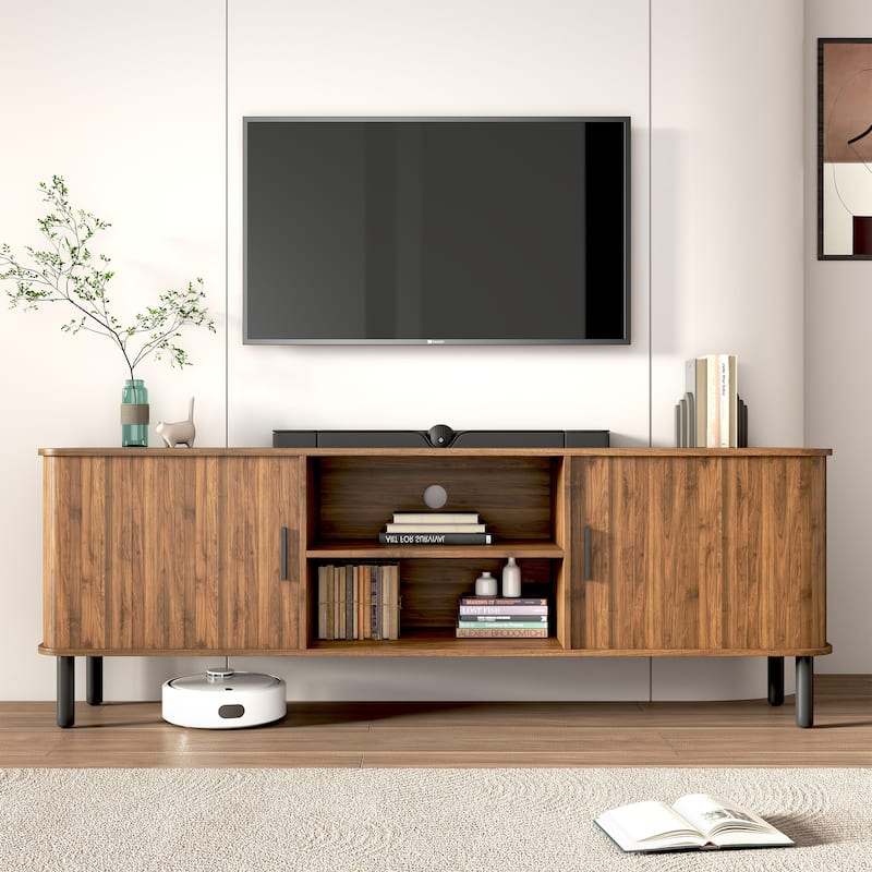 AVAWING 70" Modern TV Stand for 80 Inch TVs, Wood Media Console with Sliding Doors and Storage Shelves