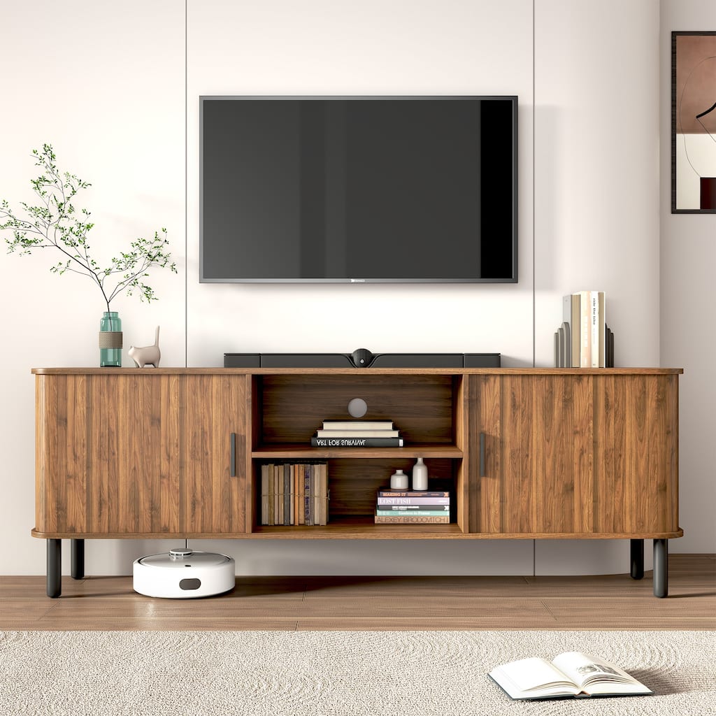 AVAWING 70" Modern TV Stand for 80 Inch TVs, Wood Media Console with Sliding Doors and Storage Shelves