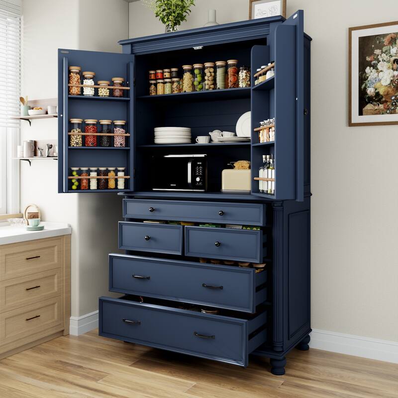 Farmhouse 77.3" Tall Kitchen Pantry Cabinet with 5 Drawers, 6 Door Shelves, 2 Adjustable Shelves