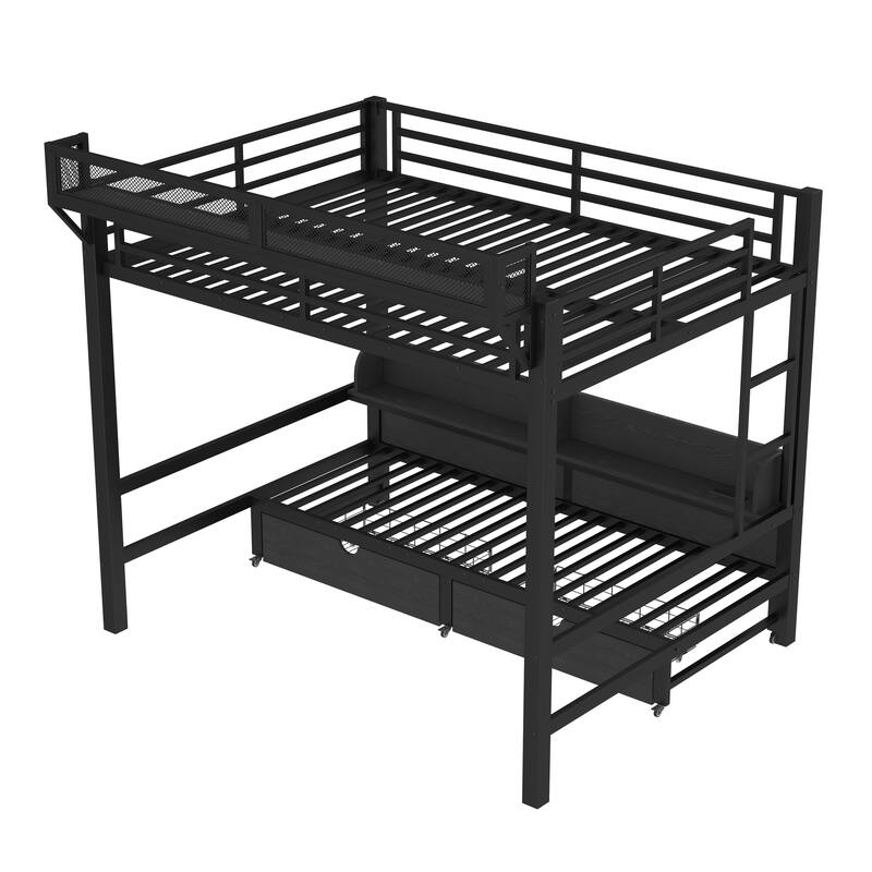Queen over Queen Bunk Bed with Storage Shelves & Drawers, USB Ports & LED Lights, Convertible Sofa Lower Bed
