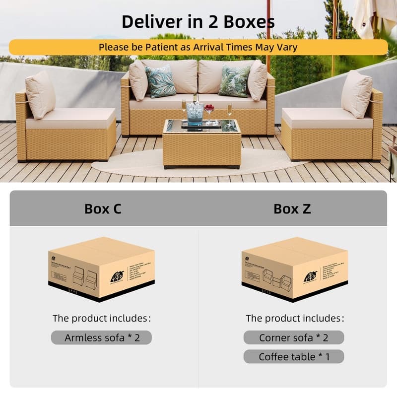 Patio Watcher 5-Pieces Yellow Rattan Conversation Set with Cusions for Outdoors