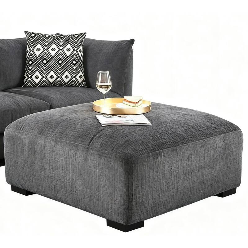 Living Room Lounge Ottoman Chenille Fabric Comfort Cozy Plush Seat foam Wooden Legs 1pc Ottoman Only - Gray