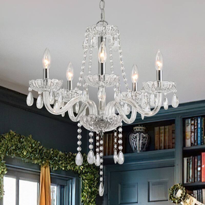 French Glam 5-Light Candle-Style Crystal Chrome Chandelier - 21.3in - Chrome