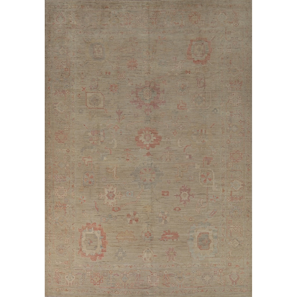 Hand Knotted Oriental 100% Wool Carpet Transitional All-Over Beige & Ivories Oushak Area Rug - 12' 0'' X 9' 0''